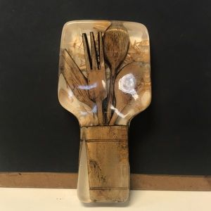 VTG (70s) Acrylic Lucite‎ Spoon Rest w/ Wooden Fork & Spoon Inlay